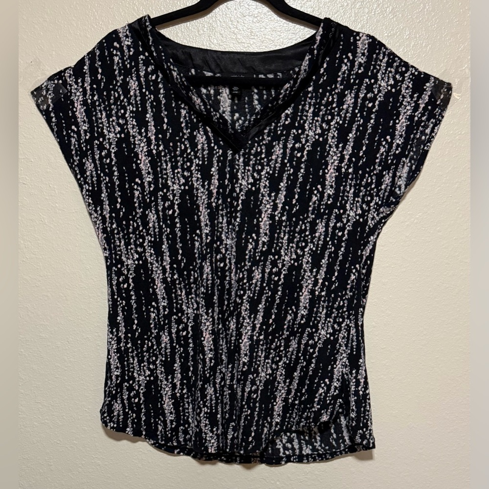 Midnight Black Gray Abstract Print Modal Stretch Top Lace Neck Medium - Picture 2 of 4
